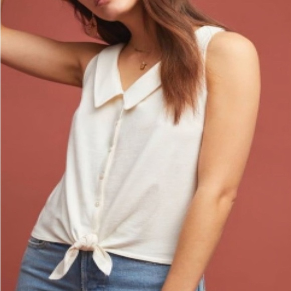NWOT Anthropologie Ivory Biloxi Collar Button Up Tie Front Top Size L - Picture 2 of 7